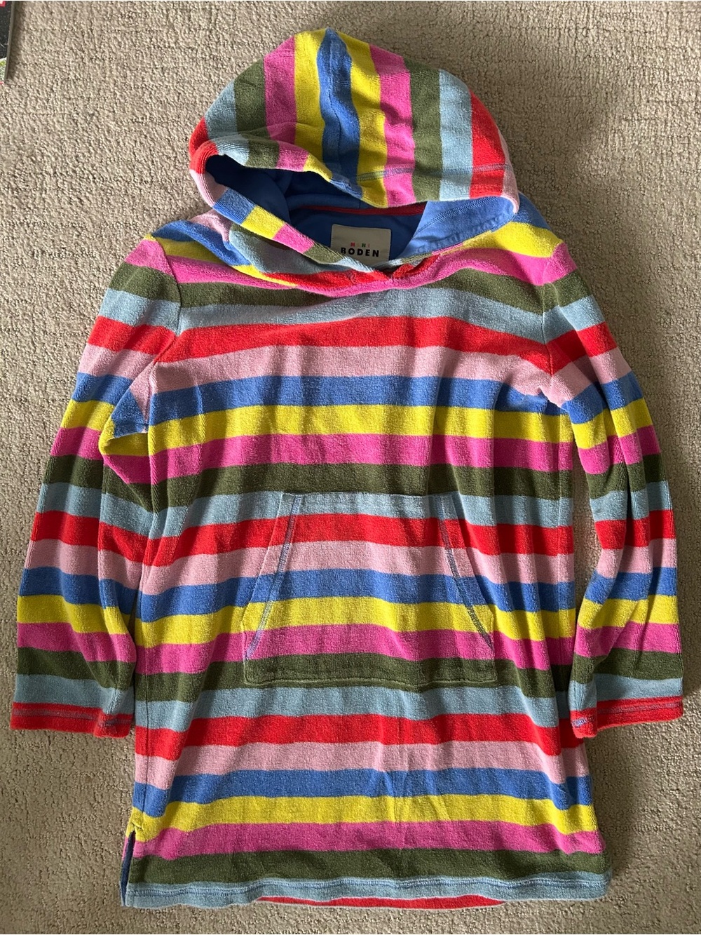 Mini Boden toweling hoodie rainbow stripes size large 11/12 swim coverup